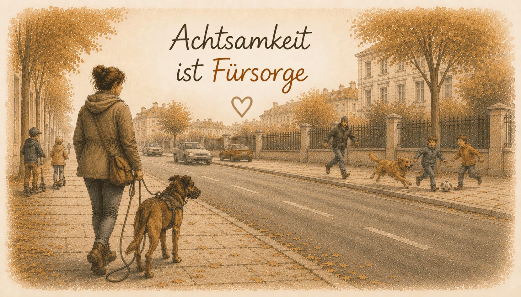Frau mit angeleintem Hund auf belebter Straße – Achtsamkeit und vorausschauendes Management