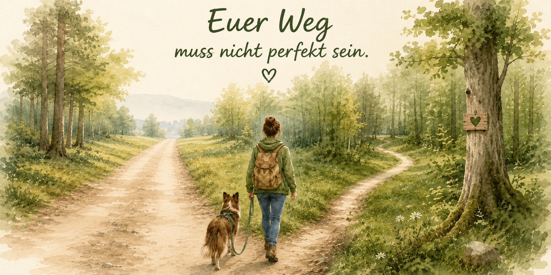Frau mit Hund auf Waldweg – euer Weg muss nicht perfekt sein