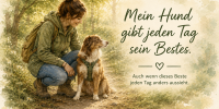 Frau kniet neben Hund auf Waldweg - mein Hund gibt jeden Tag sein Bestes