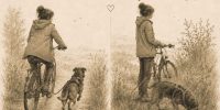 Zweigeteilte Illustration zum Radfahren mit Hund: links Anschluss halten am Fahrrad, rechts Pause mit Schnüffeln und Bedürfnisbefriedigung.