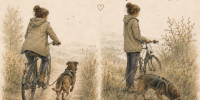 Zweigeteilte Illustration zum Radfahren mit Hund: links Anschluss halten am Fahrrad, rechts Pause mit Schnüffeln und Bedürfnisbefriedigung.