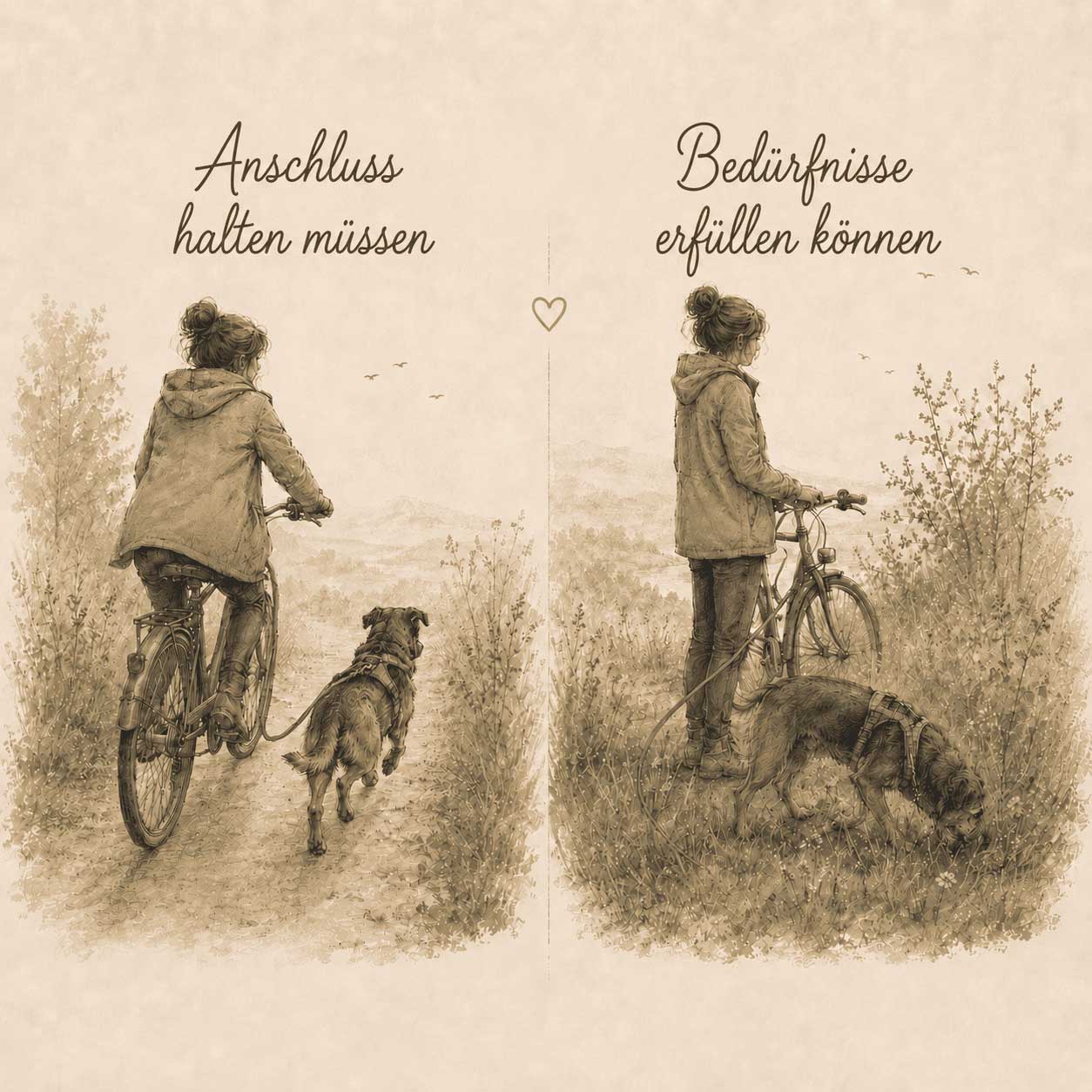 Zweigeteilte Illustration zum Radfahren mit Hund: links Anschluss halten am Fahrrad, rechts Pause mit Schnüffeln und Bedürfnisbefriedigung.