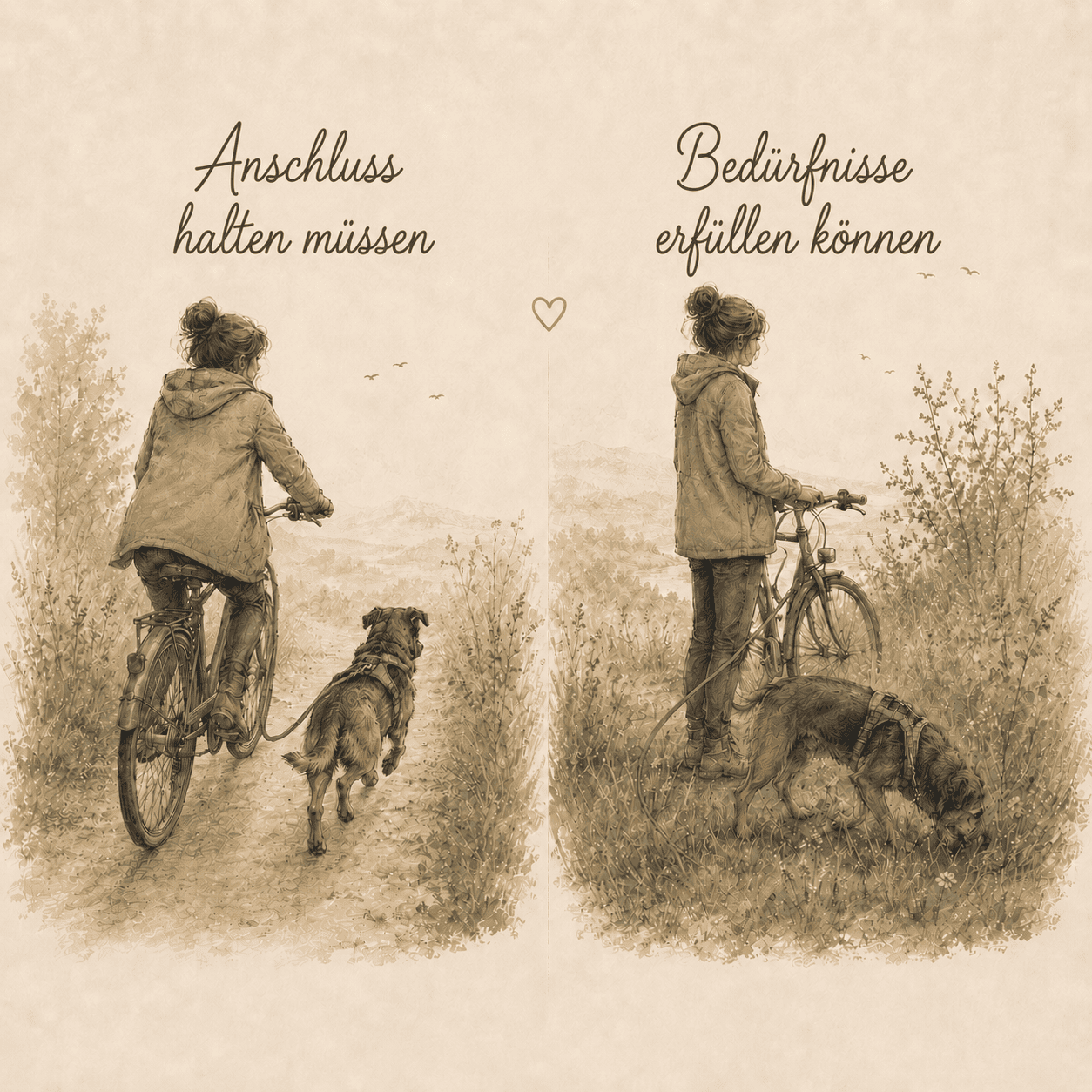 Zweigeteilte Illustration zum Radfahren mit Hund: links Anschluss halten am Fahrrad, rechts Pause mit Schnüffeln und Bedürfnisbefriedigung.