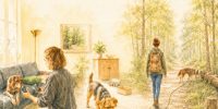 Illustration: Frau und Hund bei der Nasenarbeit – drinnen und draußen im Wald