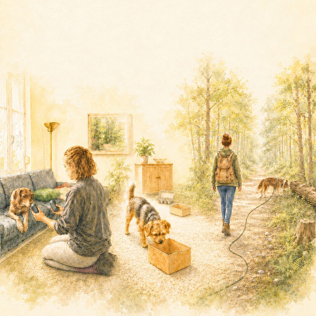 Illustration: Frau und Hund bei der Nasenarbeit – drinnen und draußen im Wald