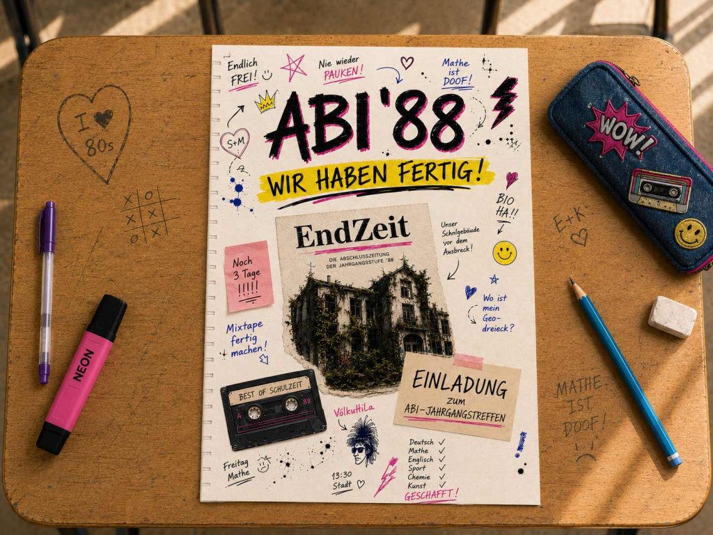 Vorderseite einer humorvoll gestalteten Einladung zum ABI-Jahrgangstreffen 1988 im Stil eines bekritzelten Collegeblocks mit Kassette, Neonmarkern, Schulnotizen und der Abizeitung „EndZeit“.