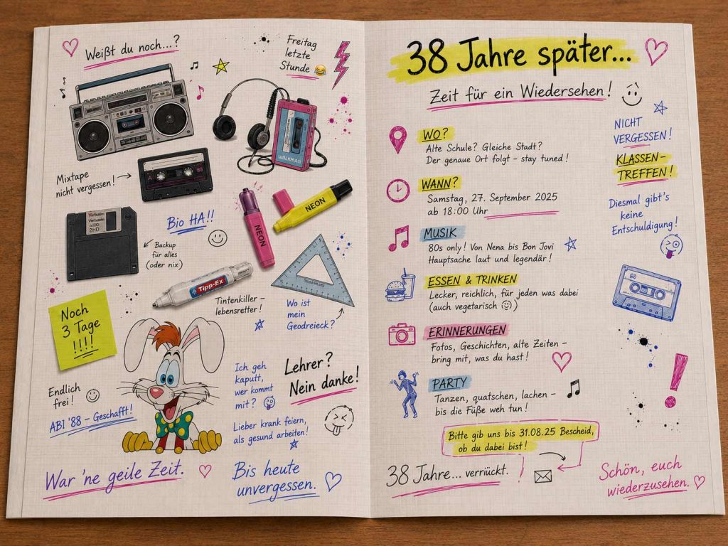 Geöffnete Innenseite einer humorvollen Einladung zum ABI-Jahrgangstreffen 1988 im Stil eines bekritzelten Collegeblocks mit Walkman, Boombox, Kassette, Diskette, Schulutensilien, handschriftlichen Erinnerungen und Informationen zum Klassentreffen.