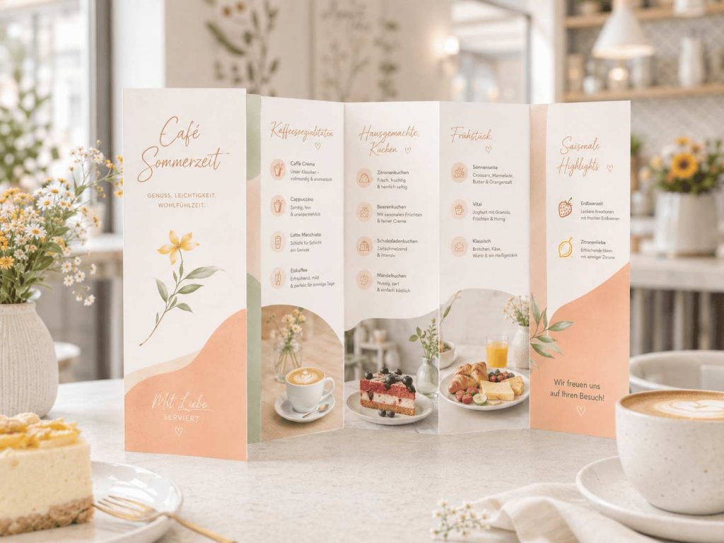 Sommerlich gestaltete Speisekarte für ein Café in hellen Pfirsich-, Creme- und Grüntönen Sommerlich gestaltete Speisekarte für ein Café in hellen Pfirsich-, Creme- und Grüntönen