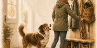 Frau greift an der Garderobe zur Leine, während ihr Hund sie freudig anschaut – klassische Konditionierung im Alltag.