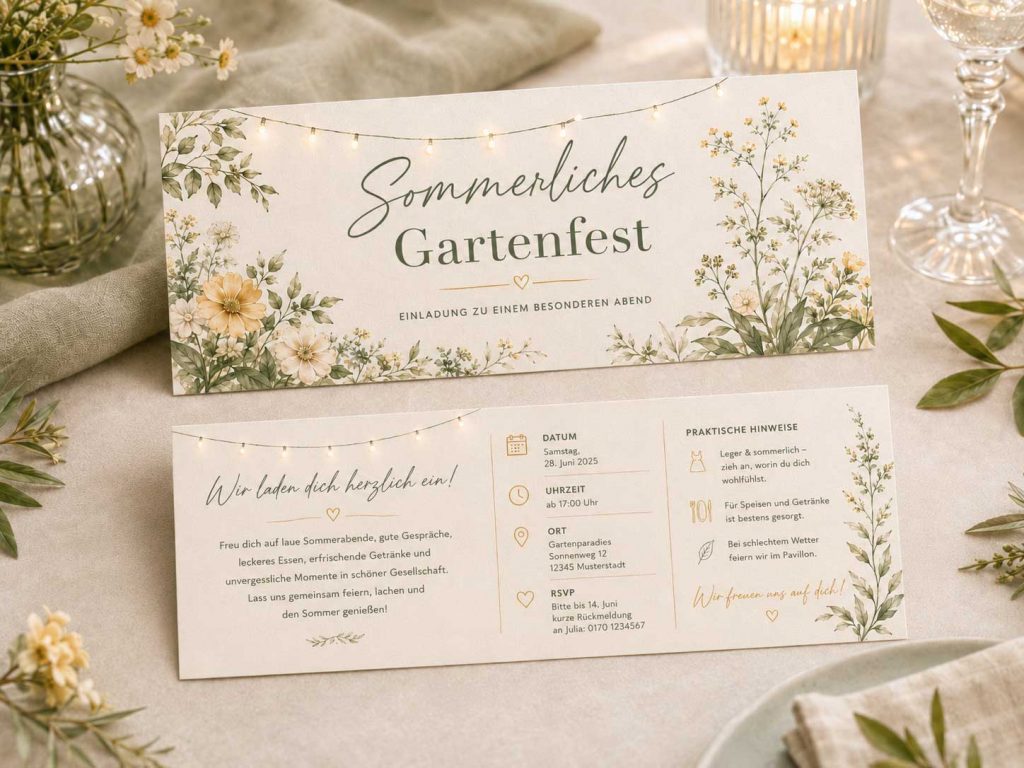 Vorder- und Rückseite einer doppelseitigen Einladungskarte im DIN-lang-Querformat mit floralen Elementen, Salbeigrün und warmen Gelbtönen.
