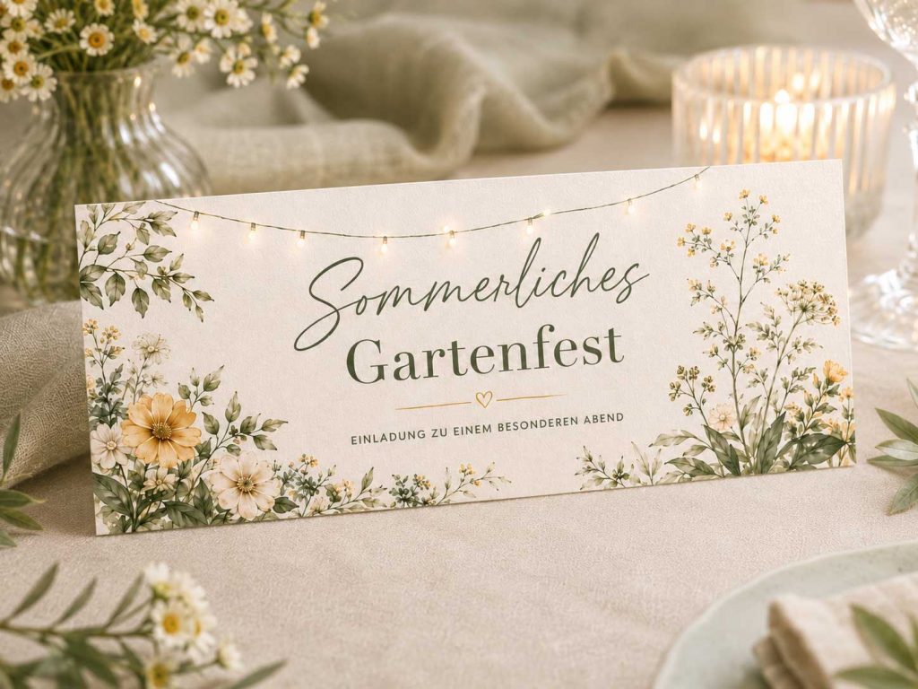 Detailansicht der Vorderseite einer Einladungskarte im DIN-lang-Querformat mit floralen Elementen, dezenter Lichterkette und Schriftzug „Sommerliches Gartenfest“ in Salbeigrün und warmen Gelbtönen.