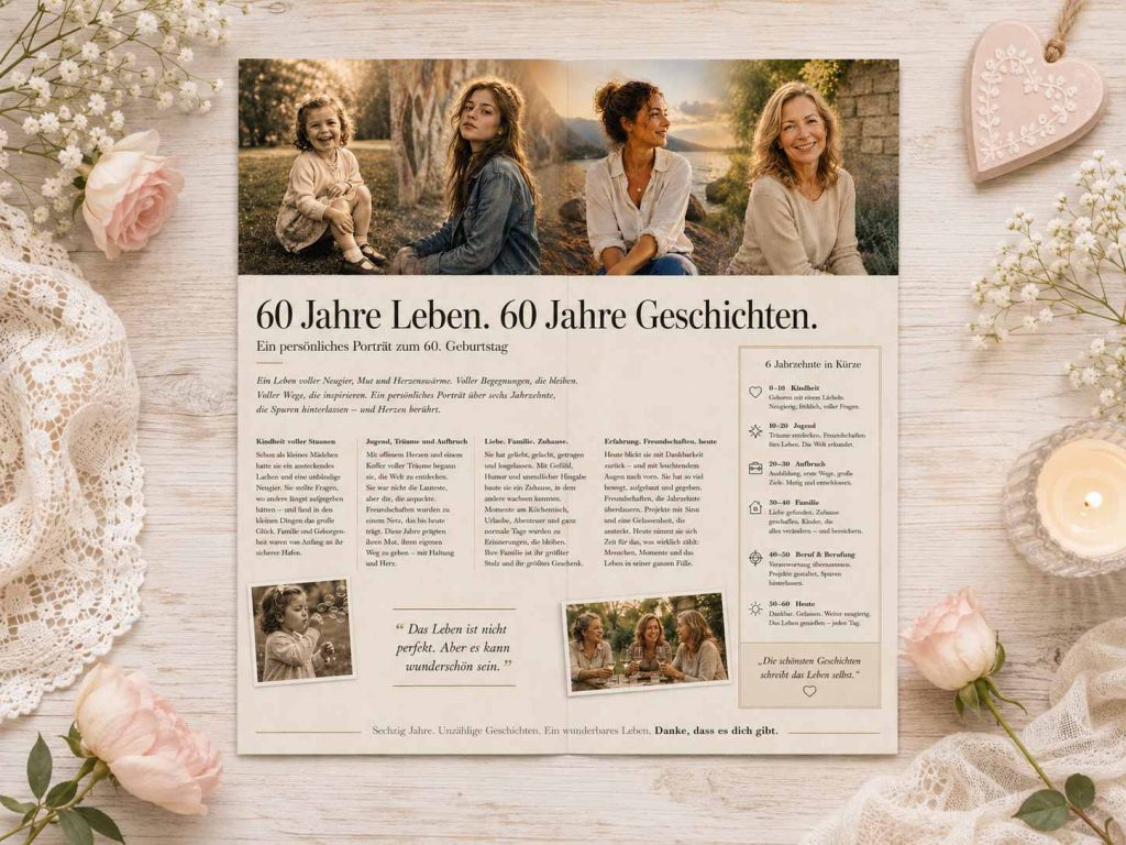 Aufgeklappte Geburtstagszeitung zum 60. Geburtstag mit vier Lebensphasen, redaktionellen Textspalten und einem Infokasten zu sechs Jahrzehnten.