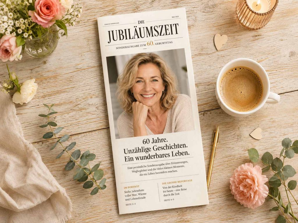Titelseite einer Geburtstagszeitung zum 60. Geburtstag mit Zeitungskopf „Die Jubiläumszeit“, großem Porträt, redaktioneller Hauptüberschrift und kleinen Beitragsteasern.