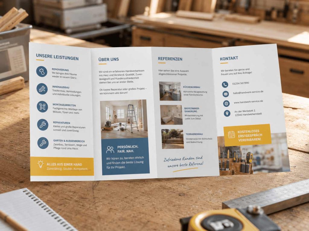 Geöffneter mehrteiliger Faltflyer für einen Handwerksbetrieb mit Leistungen, Referenzen und Kontaktdaten in Blau, Weiß und Gelb vor einer Werkstattkulisse.