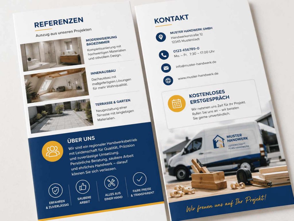 Nahaufnahme eines Faltflyers mit Projektbeispielen, Unternehmensvorstellung, Kontaktdaten und Hinweis auf ein kostenloses Erstgespräch