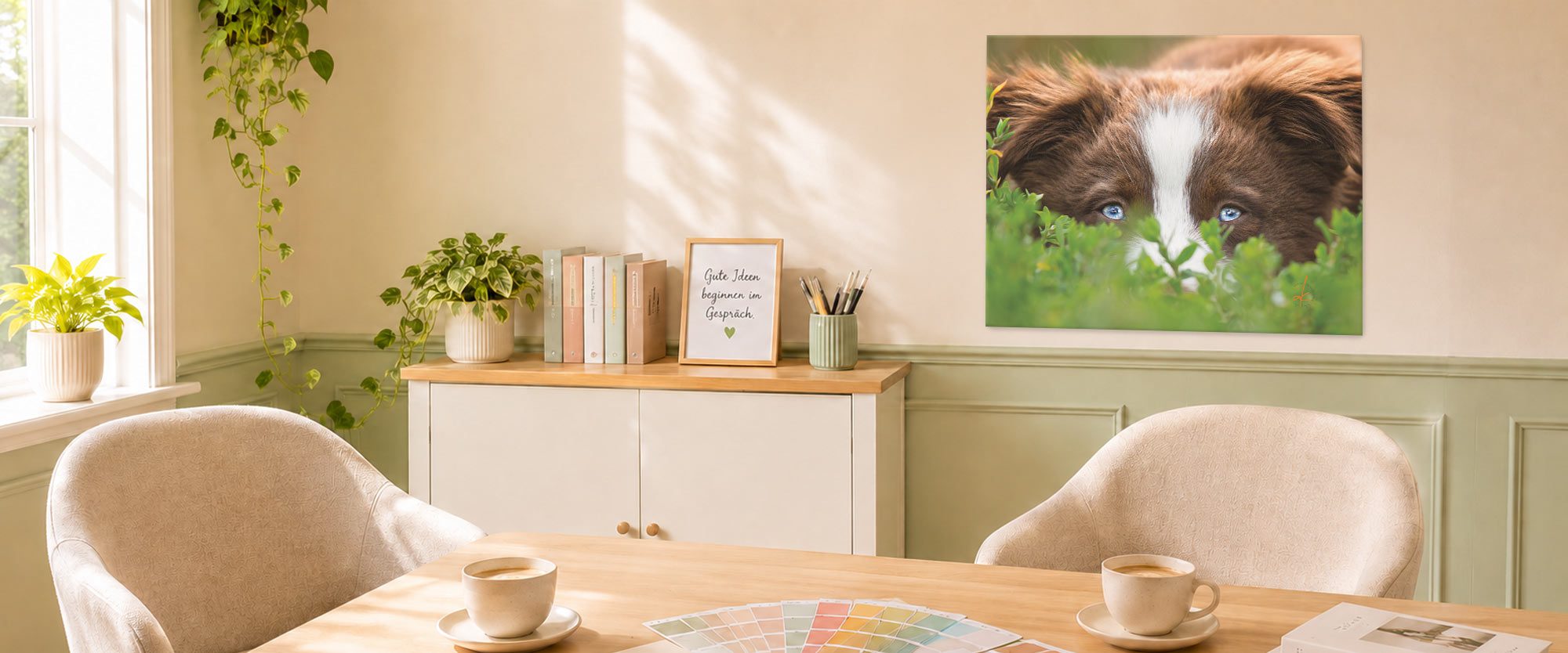 Individuelles Printdesign – Wandbild mit Hundeporträt Gemütliches Wohnzimmer mit gerahmtem Hundeporträt als Leinwanddruck über einem Sideboard
