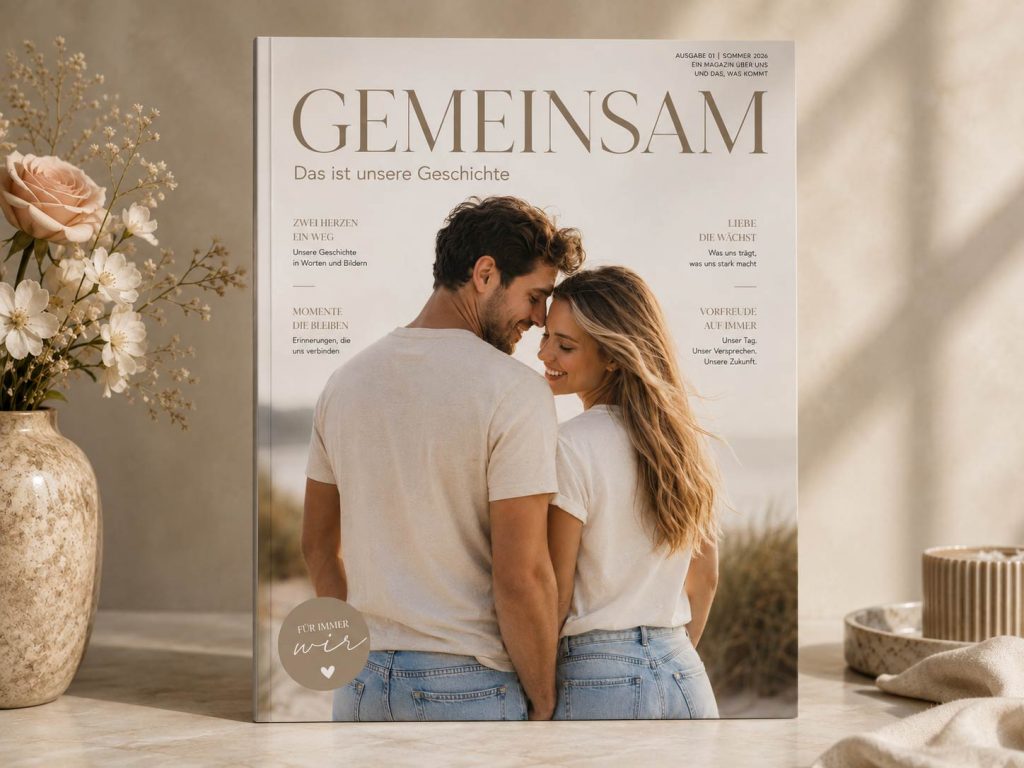 Cover des Hochzeitsmagazins „GEMEINSAM“ mit einem jungen Paar in Jeans und weißen T-Shirts in heller, eleganter Editorialgestaltung.
