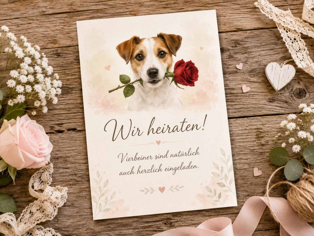 Romantische Hochzeitseinladung mit Jack Russell Romantische Hochzeitseinladung auf rustikalem Holztisch mit Jack Russell, roter Rose und dem Text „Wir heiraten! Vierbeiner sind natürlich auch herzlich eingeladen.“