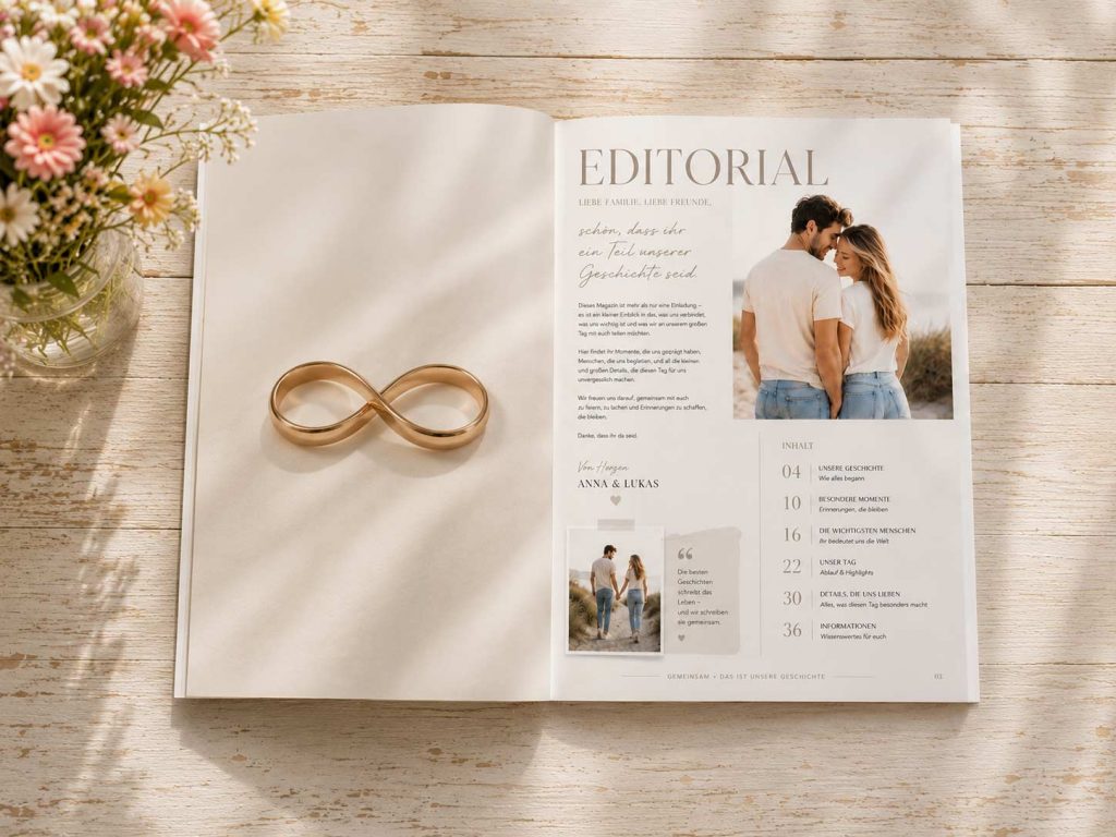 Aufgeschlagenes Hochzeitsmagazin „GEMEINSAM“ Aufgeschlagenes Hochzeitsmagazin „GEMEINSAM“ mit Editorialseite, romantischem Bildmotiv und klar gegliederten Textbereichen im hochwertigen Hochglanzstil.