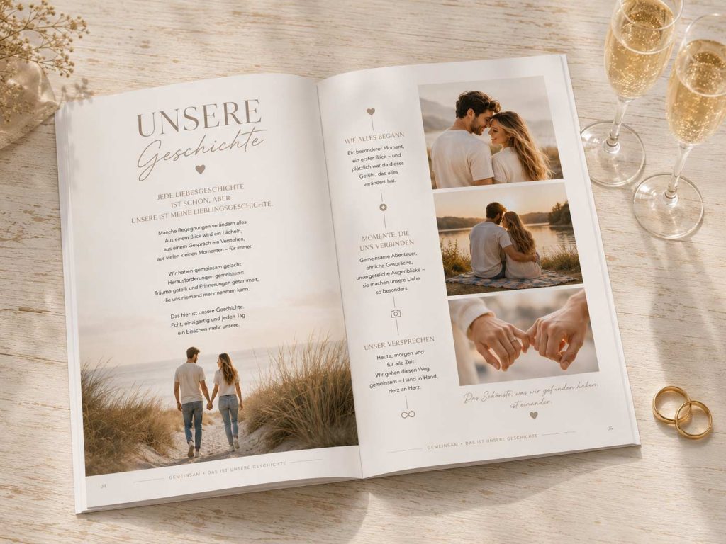 Aufgeschlagenes Hochzeitsmagazin „GEMEINSAM“ Aufgeschlagenes Hochzeitsmagazin „GEMEINSAM“ mit professionell gestaltetem Layout, romantischem Bildmotiv und klar gegliederten Textbereichen im hochwertigen Hochglanzstil.