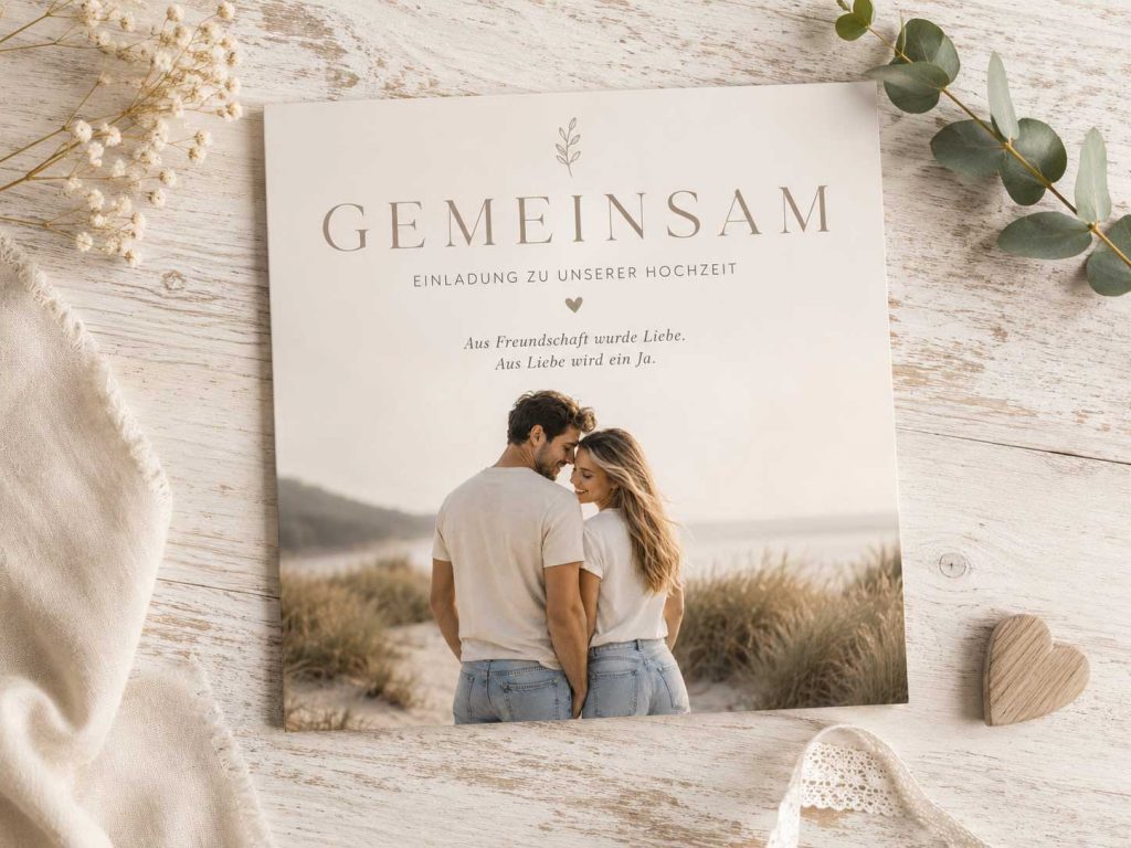 Cover der Hochzeitseinladung „GEMEINSAM“ Vorderseite der quadratischen Hochzeitseinladung „GEMEINSAM“ mit einem jungen Paar in heller, eleganter Gestaltung und dem Zitat „Aus Freundschaft wurde Liebe. Aus Liebe wird ein Ja.“