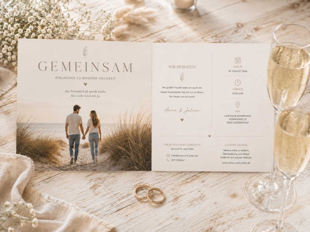 Aufgeschlagene Hochzeitseinladung „GEMEINSAM“ Aufgeschlagene quadratische Hochzeitseinladung „GEMEINSAM“ mit romantischem Handmotiv, persönlichem Einladungstext sowie Angaben zu Datum, Ort und Rückmeldung.