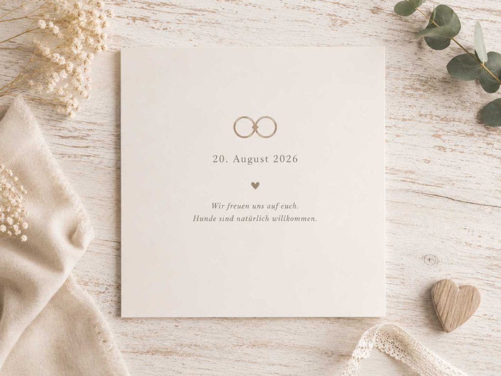 Rückseite der Hochzeitseinladung „GEMEINSAM“ Rückseite der quadratischen Hochzeitseinladung „GEMEINSAM“ mit zwei goldenen Eheringen als Unendlichkeitssymbol, Hochzeitsdatum, Herz und persönlicher Abschlussbotschaft.