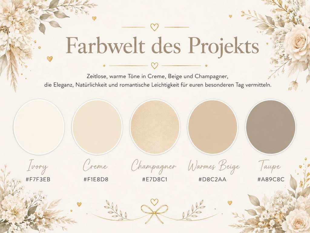 Farbwelt des Hochzeitsprojekts „GEMEINSAM“ Farbpalette für Hochzeitsmagazin und Einladungskarte mit Ivory, Creme, Champagner, warmem Beige und Taupe in heller, eleganter Gestaltung.