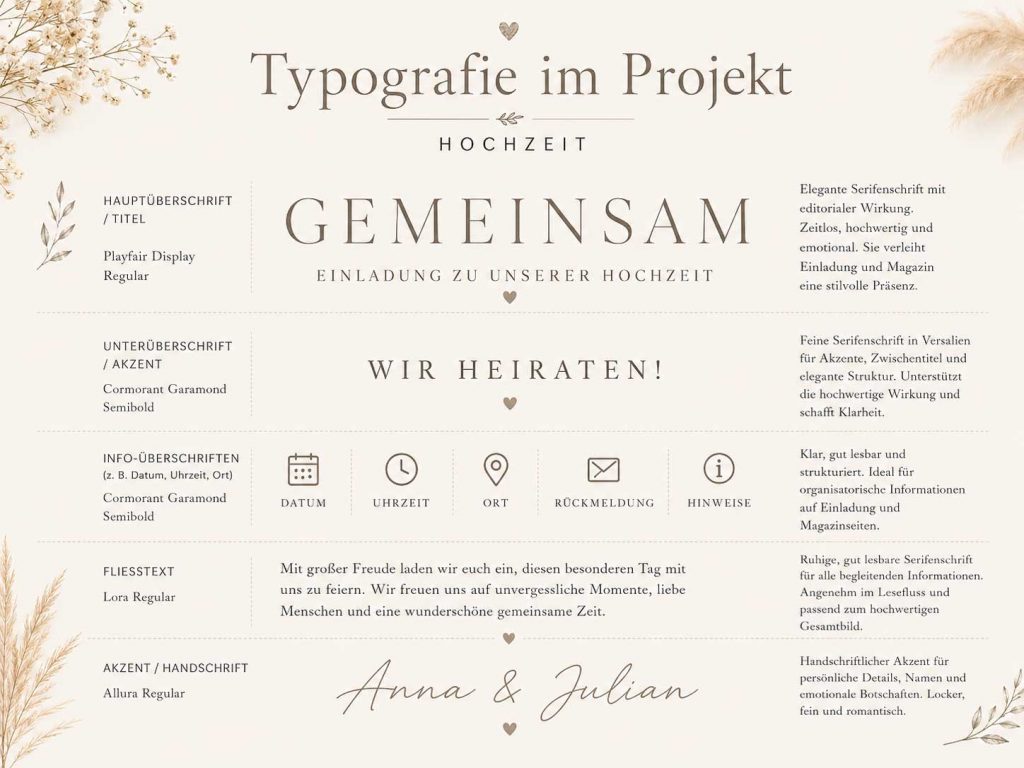 Typografiekonzept des Hochzeitsprojekts „GEMEINSAM“ Typografiekonzept für Hochzeitsmagazin und Einladungskarte mit eleganter Serifenschrift für Titel und Überschriften sowie gut lesbarer Schrift für Fließtext und Informationen.