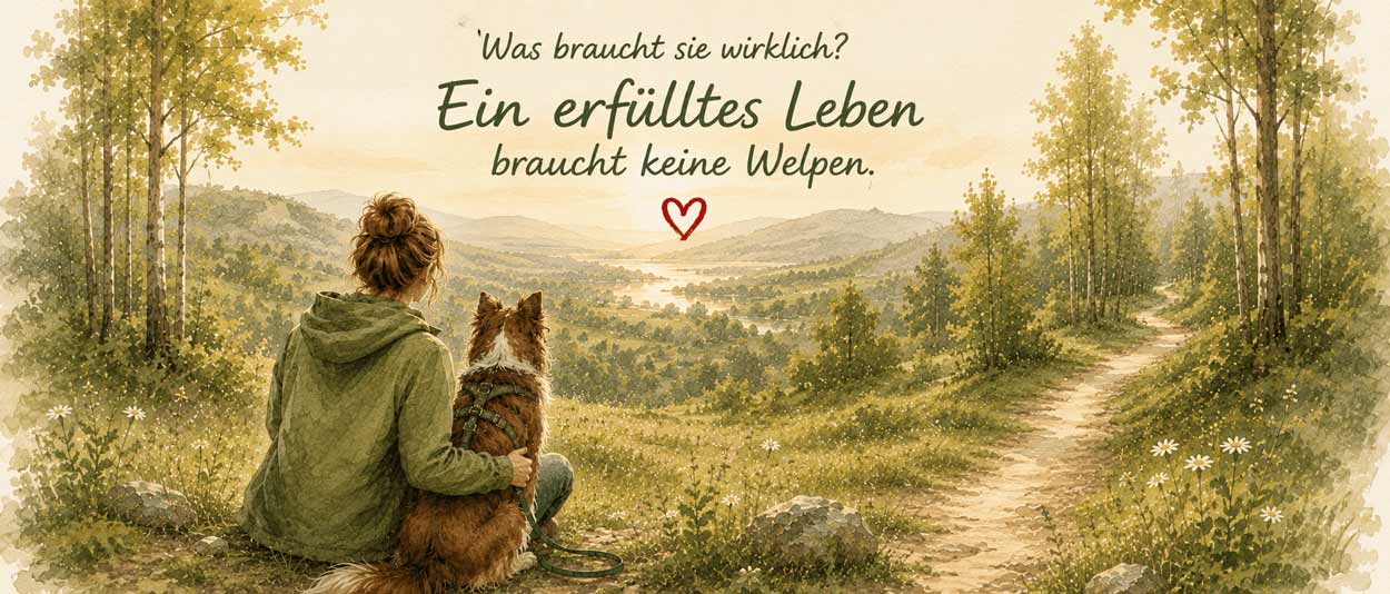Eine Frau sitze mit ihrer Hünding ruhig im Wald und genießt die Ruhe.