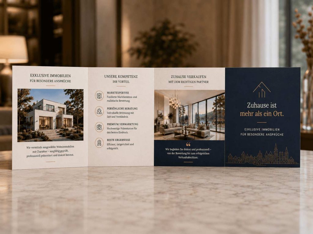 Geöffnetes quadratisches Faltblatt für einen Immobilienmakler mit hochwertigen Immobilienmotiven, Leistungsübersicht und Kontaktbereich in Dunkelblau, Beige und Gold.