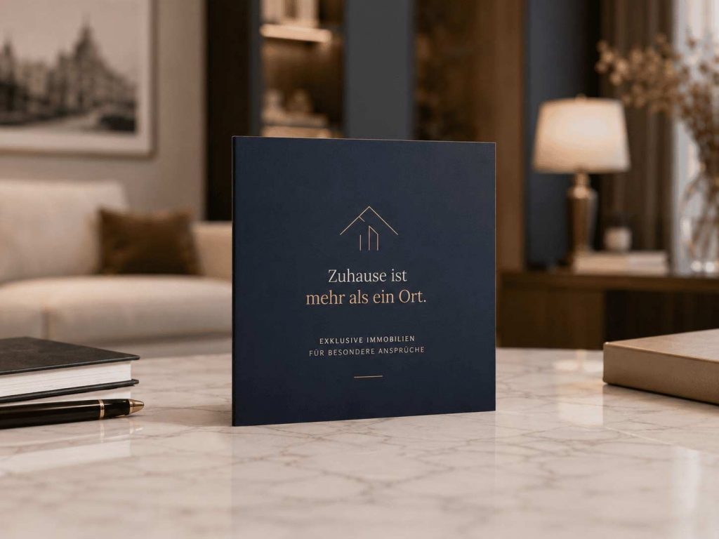Cover quadratisches Faltblatt für einen Immobilienmakler in Dunkelblau und Gold.