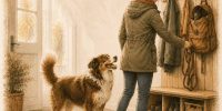 Frau greift an der Garderobe zur Leine, während ihr Hund sie freudig anschaut – klassische Konditionierung im Alltag.