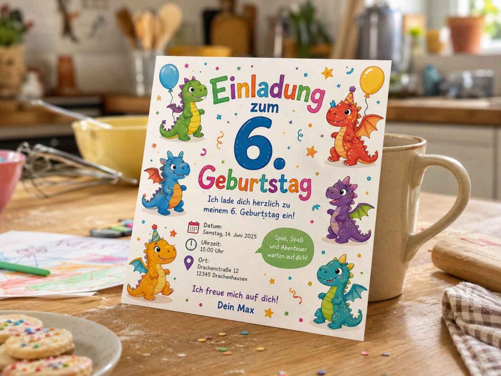 Farbenfrohe Einladungskarte zum sechsten Kindergeburtstag mit niedlichen Drachen, Luftballons und gut gegliederten Angaben zu Datum, Uhrzeit und Ort.