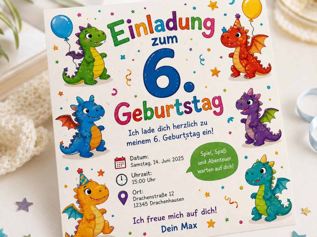 Detailansicht der Vorderseite einer farbenfrohen Einladungskarte zum sechsten Kindergeburtstag mit Drachen, Luftballons, Konfetti sowie Angaben zu Datum, Uhrzeit und Ort.