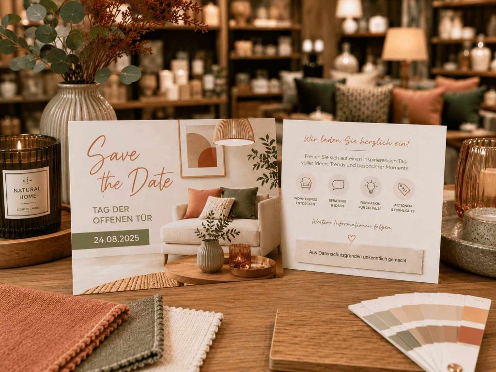 Beidseitige Save-the-Date-Karte für einen Tag der offenen Tür im Möbelhaus in warmen Naturtönen