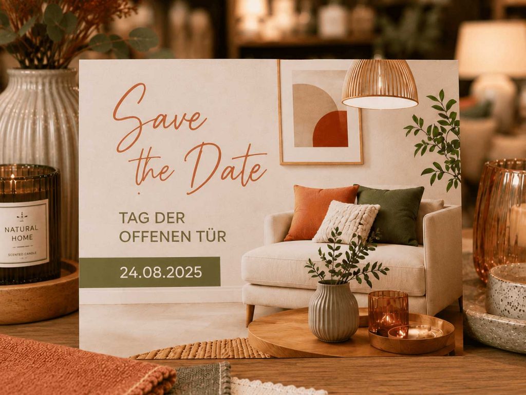 Vorderseite der Save-the-Date-Karte Nahaufnahme der Vorderseite einer Save-the-Date-Karte für den Tag der offenen Tür im Möbelhaus mit Wohnmotiv, Datum und warmen Naturtönen