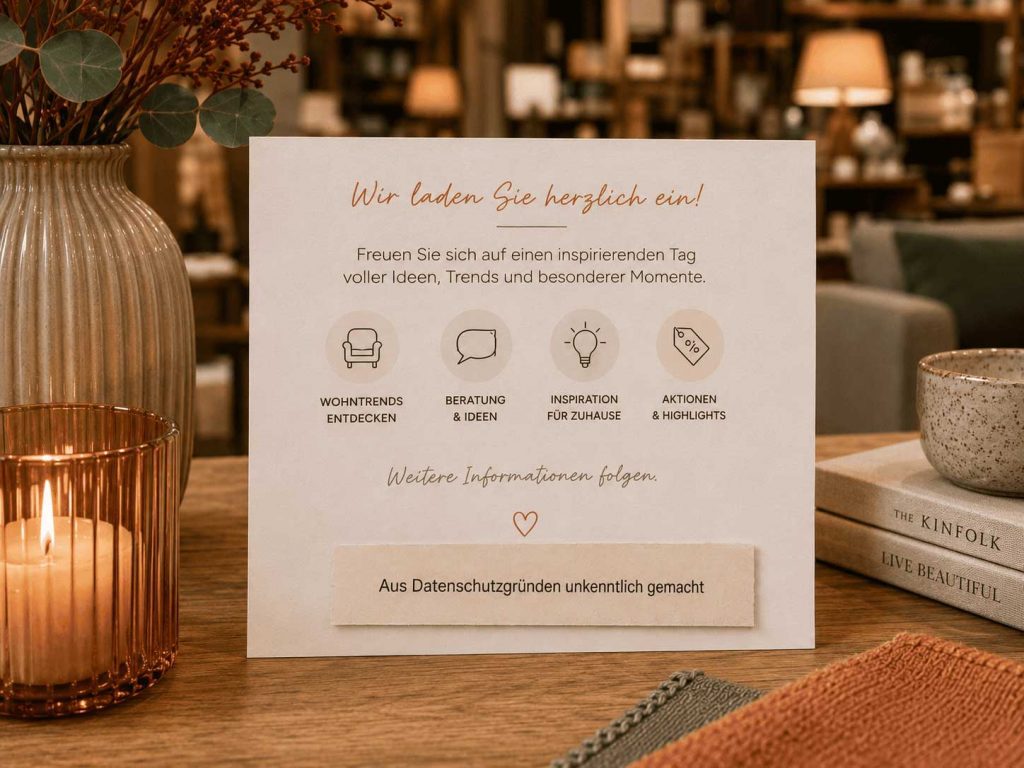 Rückseite der Save-the-Date-Karte Nahaufnahme der Rückseite einer Save-the-Date-Karte mit Einladungstext, Programmpunkten und dem Hinweis „Aus Datenschutzgründen unkenntlich gemacht“