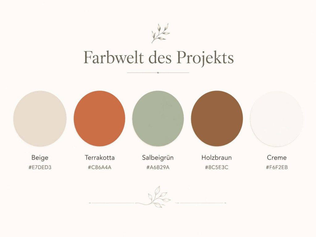Farbwelt des Möbelhaus-Projekts Farbpalette für das Möbelhaus-Projekt mit Beige, Terrakotta, Salbeigrün, Holzbraun und Creme inklusive HEX-Codes