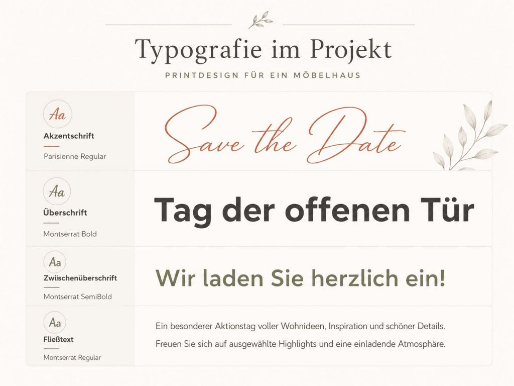 Typografiekonzept für das Möbelhaus-Projekt Typografiekonzept für das Möbelhaus-Projekt mit Parisienne als Akzentschrift und Montserrat für Überschriften, Zwischenüberschriften und Fließtext