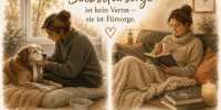 Zweigeteilte Illustration: Eine Frau kümmert sich liebevoll um ihren alten Hund und liest später entspannt mit einer Tasse auf dem Sofa. Dazu der Satz „Selbstfürsorge ist kein Verrat, sie ist Fürsorge"