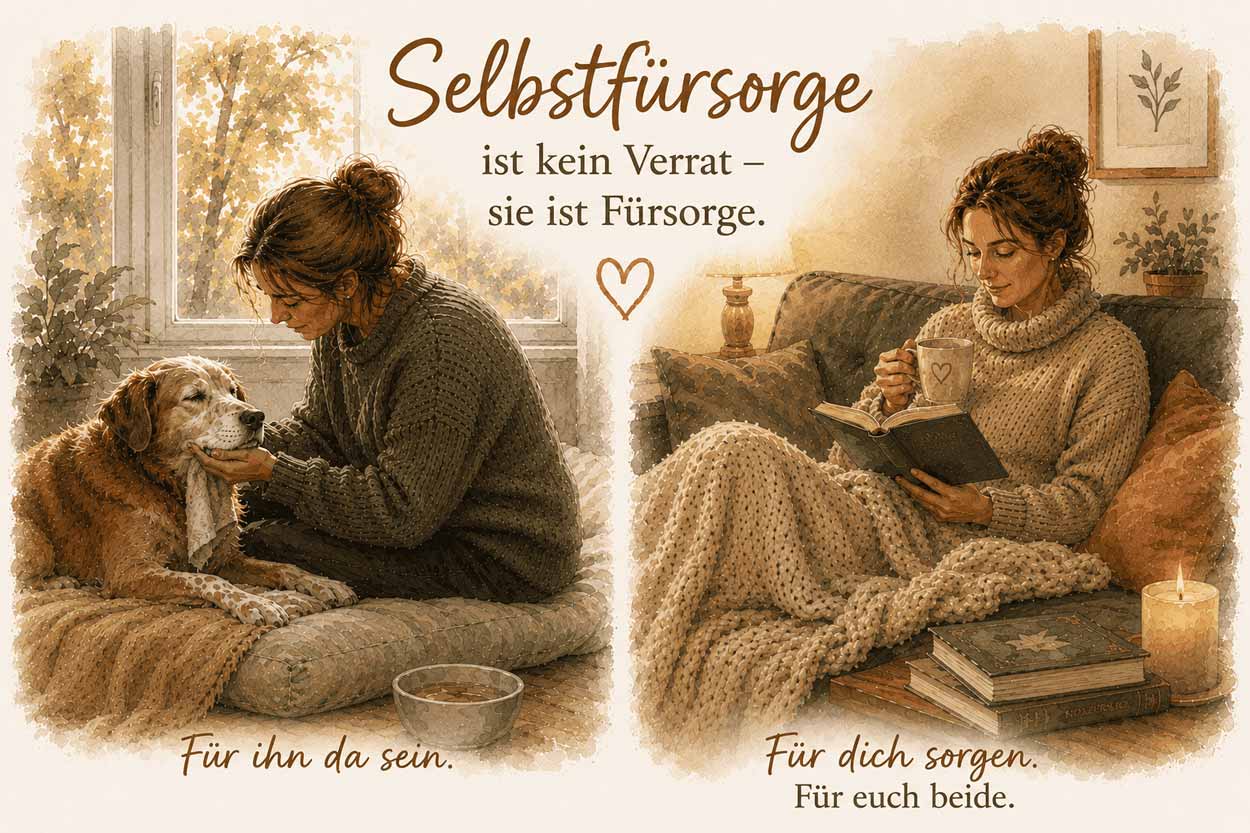 Zweigeteilte Illustration: Eine Frau kümmert sich liebevoll um ihren alten Hund und liest später entspannt mit einer Tasse auf dem Sofa. Dazu der Satz „Selbstfürsorge ist kein Verrat, sie ist Fürsorge"