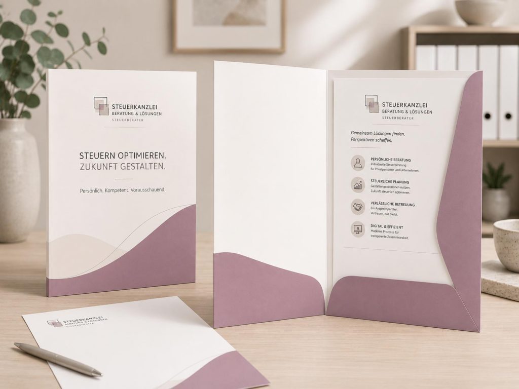 Helle Dokumentenmappe im DIN-A4-Format für eine Steuerberatung mit Informationsblatt, separatem Briefbogen und Gestaltung in Creme, Mauve und Aubergine.
