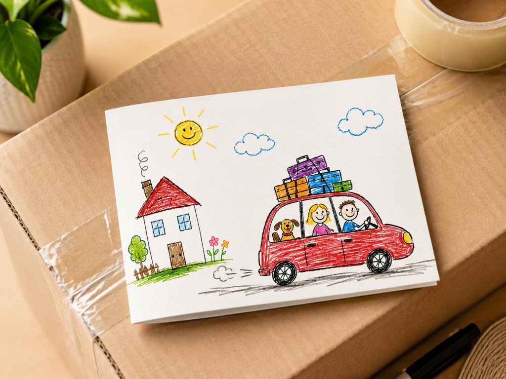 DIN-A6-Klappkarte zur Einweihungsfeier auf einem Umzugskarton mit Kinderzeichnung eines Autos, eines Hauses, eines Paares und eines Hundes