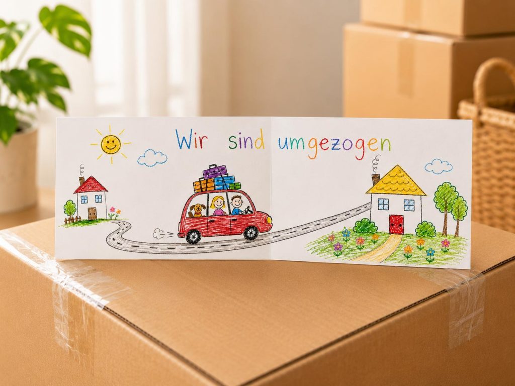 Geöffnete DIN-A6-Einladungskarte mit Kinderzeichnung vom alten und neuen Zuhause, einer verbindenden Straße sowie einem fahrenden Umzugsauto