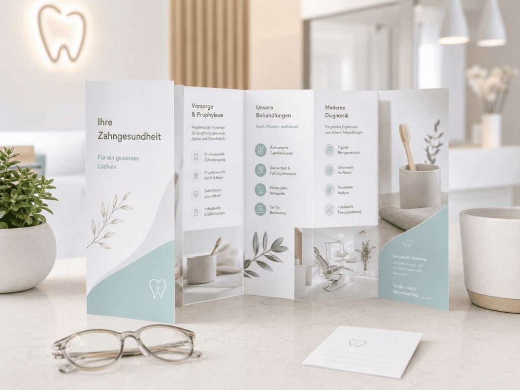 Moderner Wickelfalzflyer für eine Zahnarztpraxis in hellen Mint- und Weißtönen