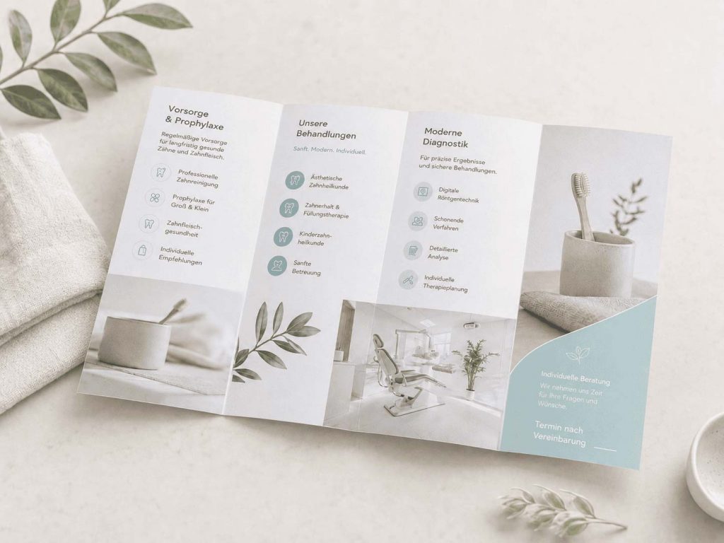 Innenseiten des Zahnarzt-Flyers Geöffnete Innenseiten eines Zahnarzt-Flyers mit Informationen zu Vorsorge, Behandlungen und moderner Diagnostik in einer hellen Mint- und Weißgestaltung