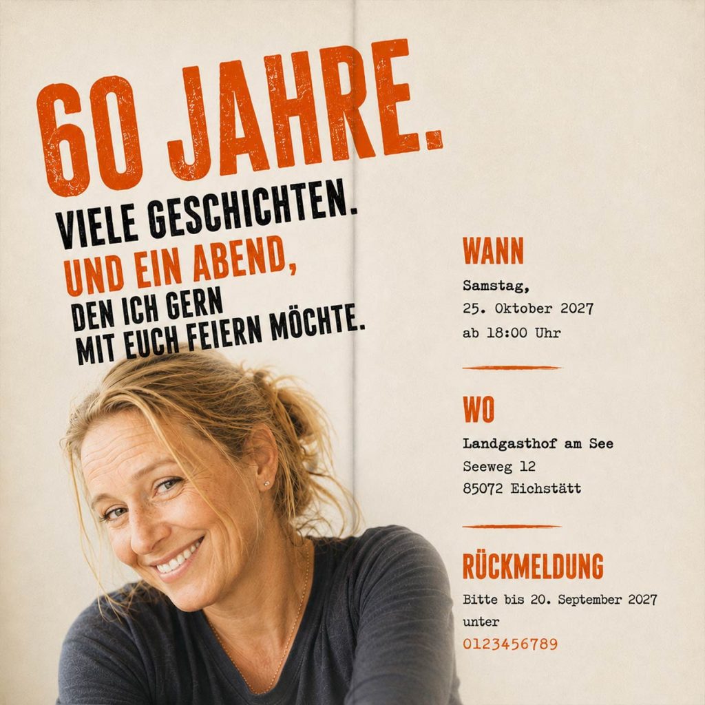 Innenseite der Einladung zum 60. Geburtstag Aufgeklappte Innenseite der DIN-lang-Einladung mit persönlichem Text, Foto der lächelnden Gastgeberin sowie Angaben zu Datum, Uhrzeit, Ort und Rückmeldung.
