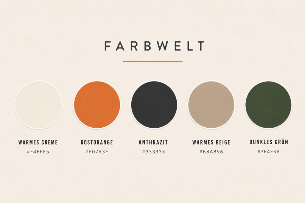 Farbwelt der Einladung zum 60. Geburtstag Farbpalette der Geburtstagseinladung mit warmem Creme, Rostorange, Anthrazit, warmem Beige und dunklem Grün.