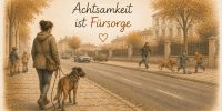 Frau mit angeleintem Hund auf belebter Straße – Achtsamkeit und vorausschauendes Management